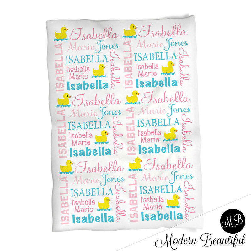 Ducky Name Blanket in pink and aqua for Baby Girl photo prop blanket, personalized, rubber ducky blanket, duck blanket, choose colors