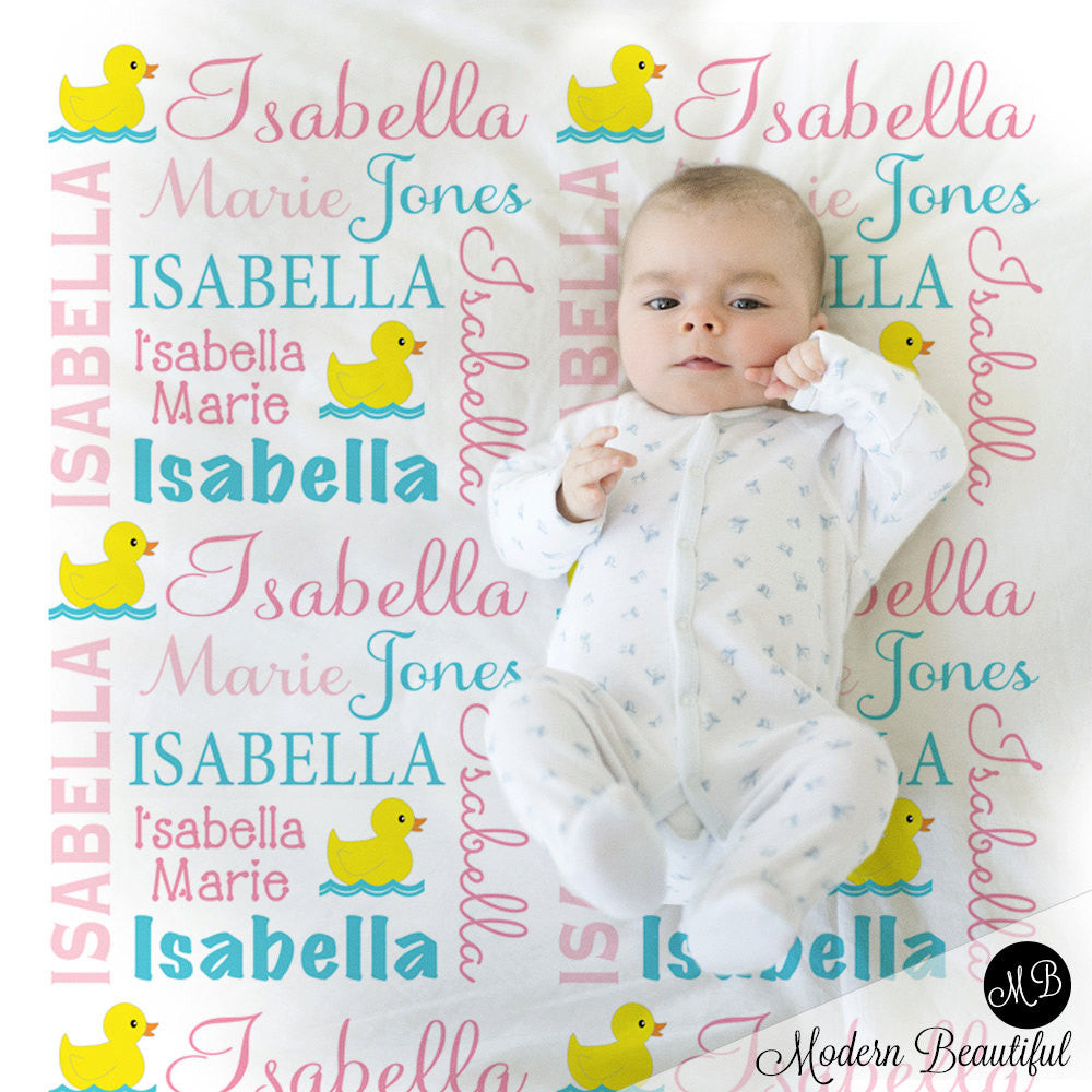 Personalized Ducky Baby Name Blanket Girl