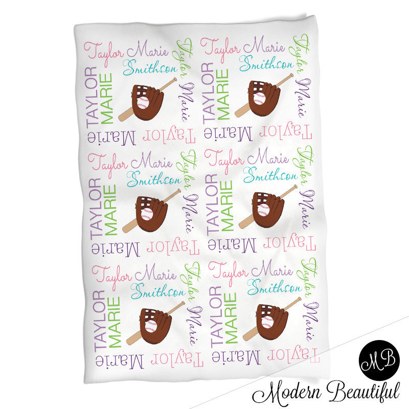 Personalized Baseball Baby Name Blanket Girl