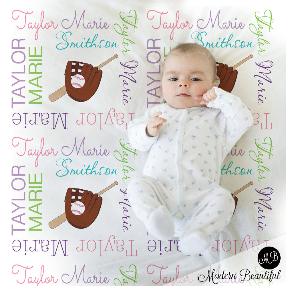 Personalized Baseball Baby Name Blanket Girl