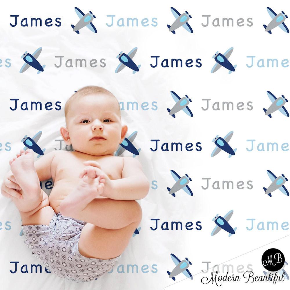 Personalized Airplane Baby Name Blanket Blue