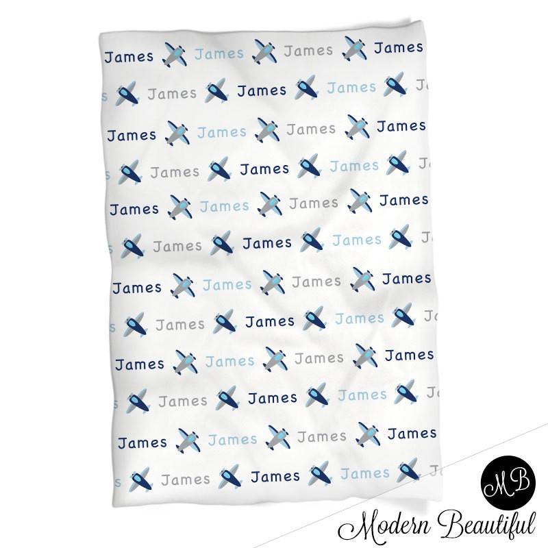 Personalized Airplane Baby Name Blanket Blue