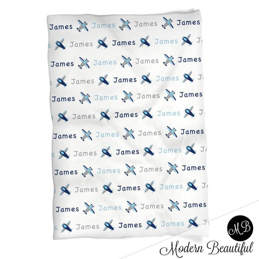 Personalized Airplane Baby Name Blanket Blue