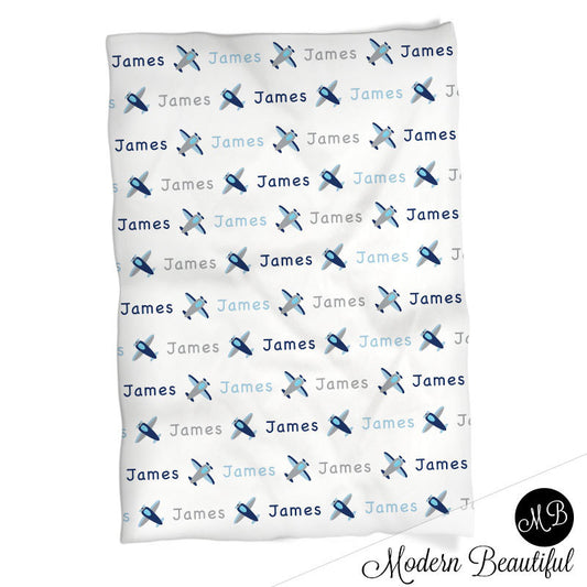 Personalized Airplanes Baby Name Blanket Boy Blue and Gray