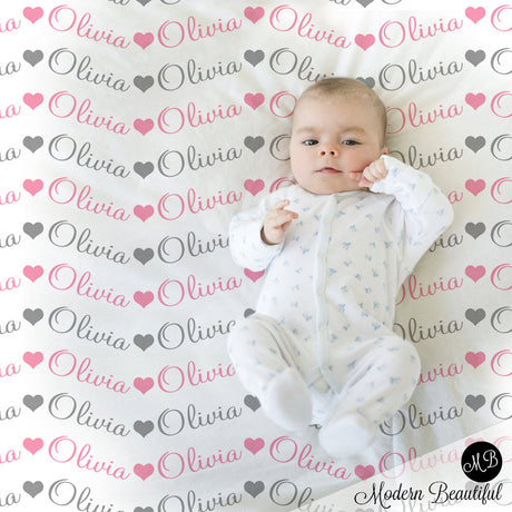 Hearts Baby Girl Name blanket in pink and gray script font, personalized baby gift, photo prop blanket, baby blanket, choose colors