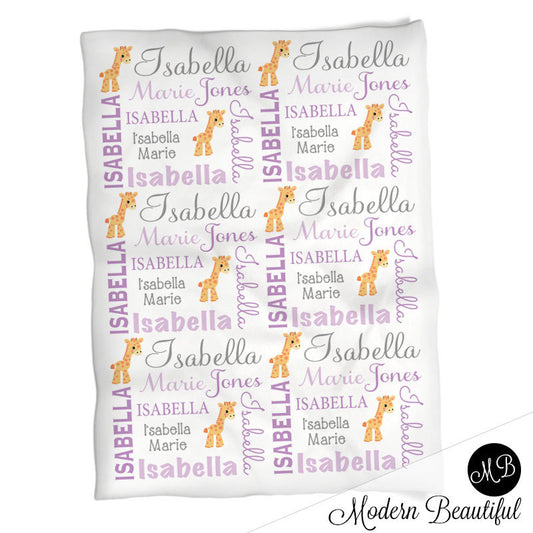 Personalized Giraffe Baby Name Blanket Girl