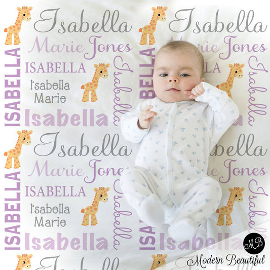 Personalized Giraffe Baby Name Blanket Girl