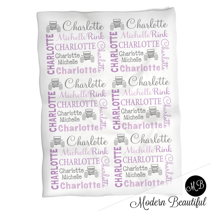 Personalized Jeep Baby Name Blanket Purple