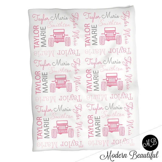 Personalized Jeep Baby Name Blanket Girl