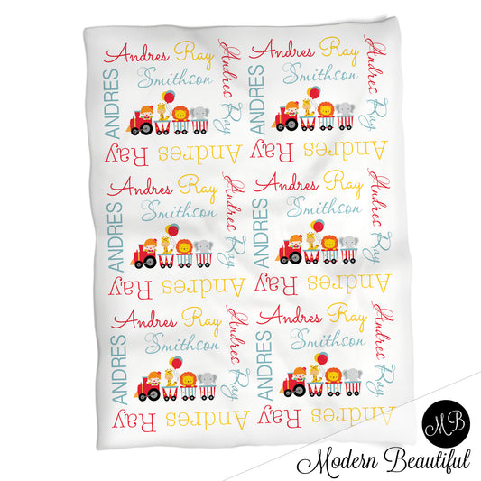 Personalized Circus Train Baby Name Blanket Boy