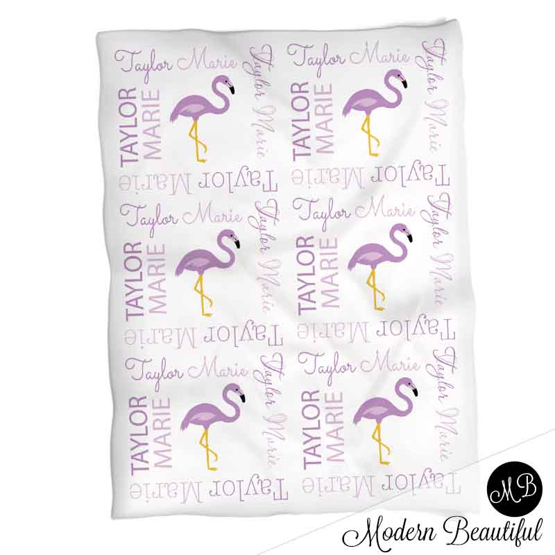 Baby girl purple flamingo name blanket, flamingo baby blanket, baby girl flamingo blanket, girl flamingo baby shower gift, choose colors