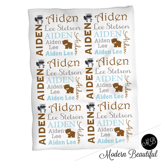 Personalized Woodland Bear Baby Name Blanket Boy