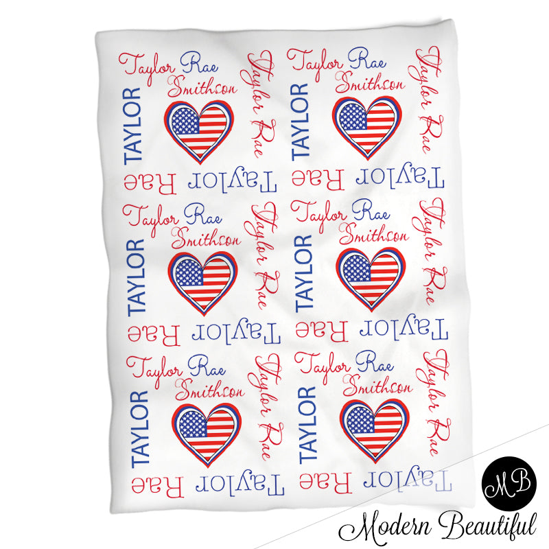 Personalized American Flag Heart Baby Name Blanket