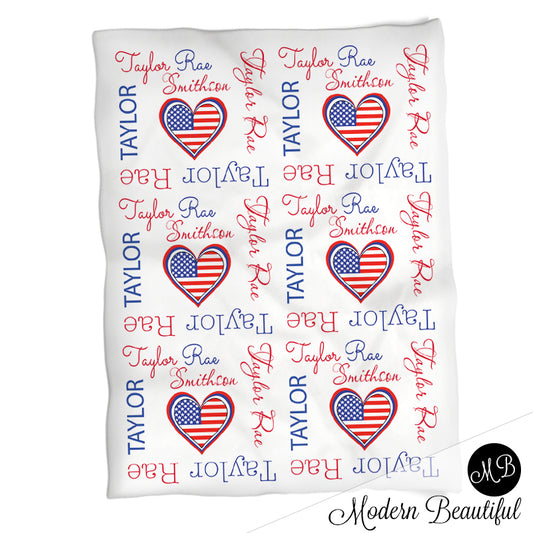 Personalized American Flag Heart Baby Name Blanket