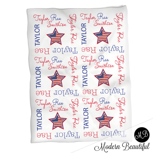 Personalized American Flag Star Baby Name Blanket