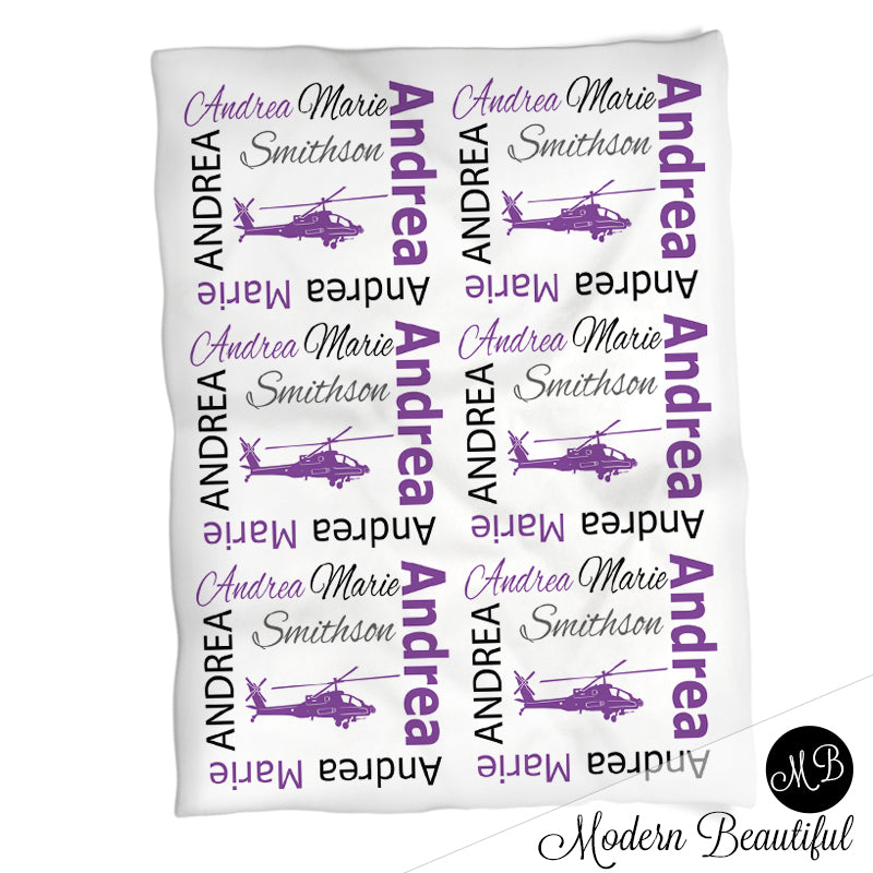 Baby girl helicopter name blanket, purple and black helicopter swaddling blankets, baby girl helicopter blanket, helicopter baby shower gift, (CHOOSE COLORS)
