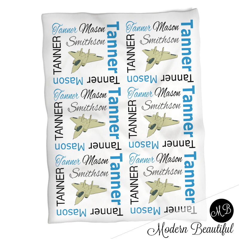 Personalized Fighter Jet Baby Name Blanket Boy