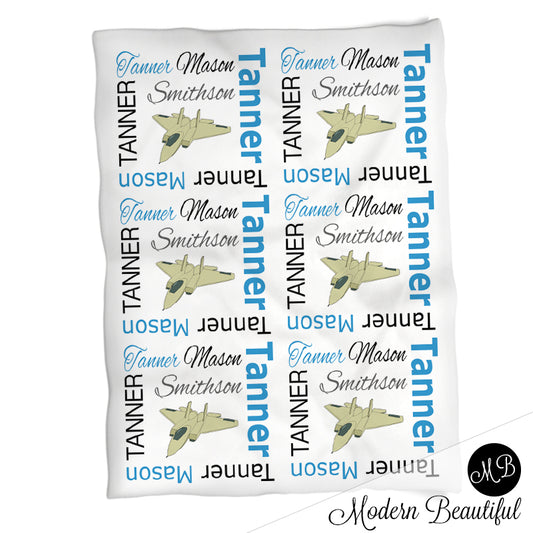 Personalized Fighter Jet Baby Name Blanket Boy