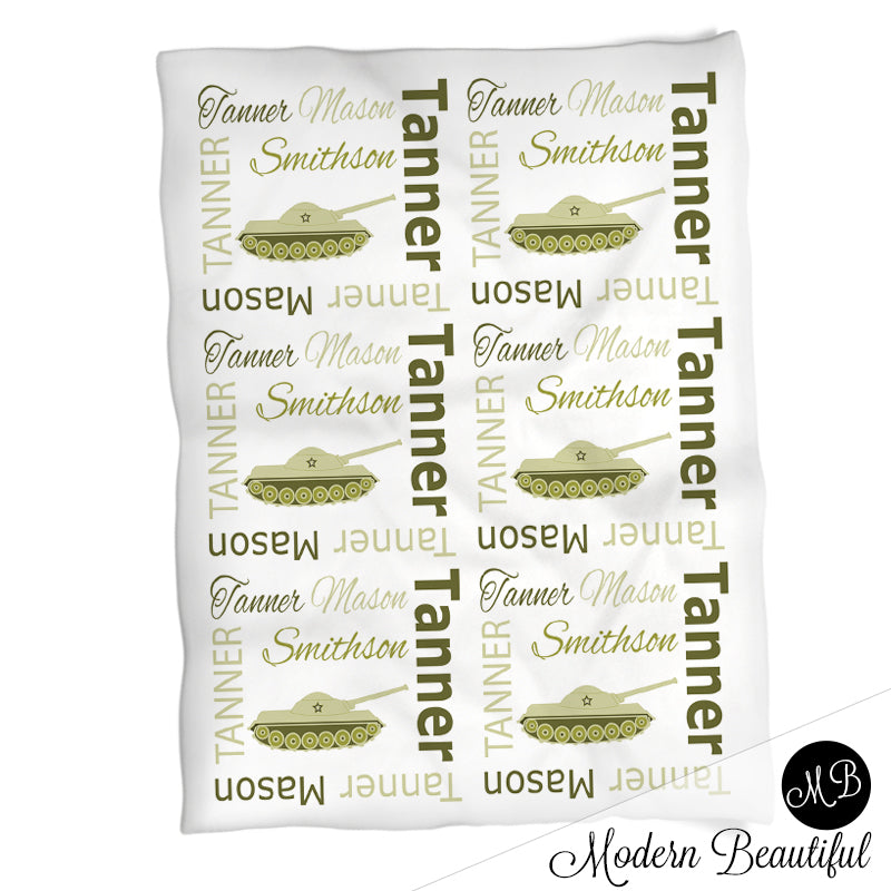 Personalized Army Tank Baby Name Blanket Boy