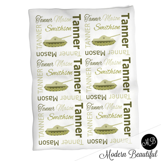 Personalized Army Tank Baby Name Blanket Boy