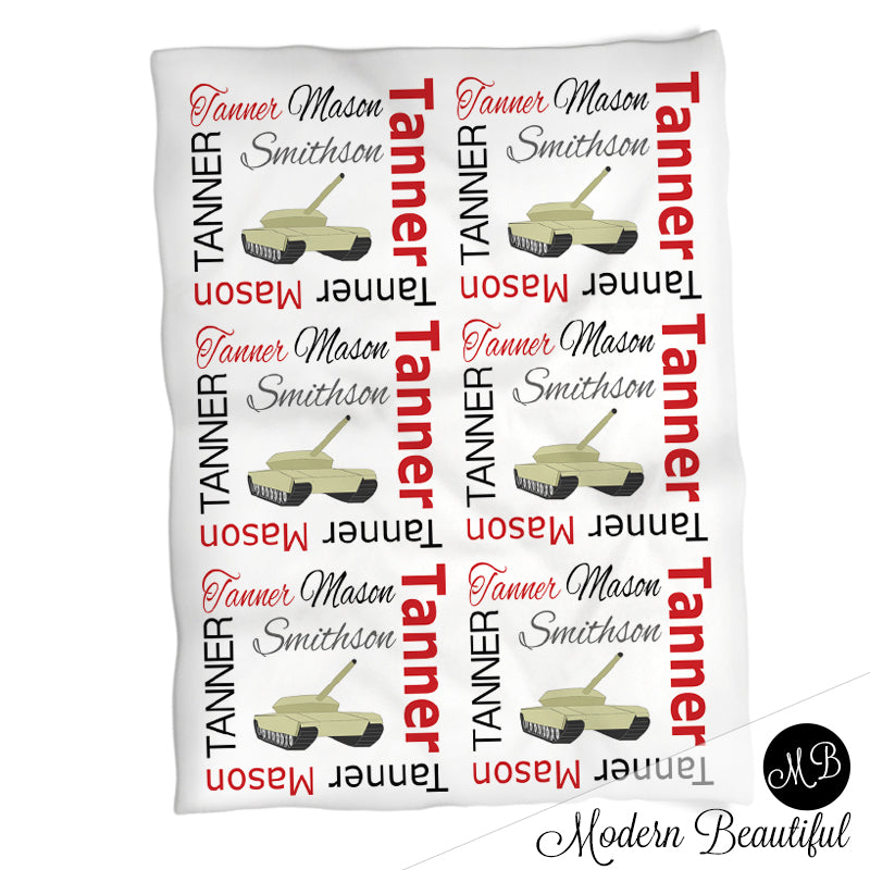 Army tank name blanket in red and black, personalized boy army military baby blanket, boy or girl name blanket, personalized name blanket, baby shower gift (CHOOSE COLORS)
