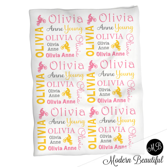 Personalized Motocross Baby Name Blanket Girl
