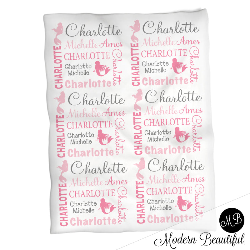 Baby girl mermaid name blanket in pink and gray, mermaid swaddling blanket, baby girl mermaid blanket, mermaids blanket, mermaid baby shower gift, (CHOOSE COLORS)