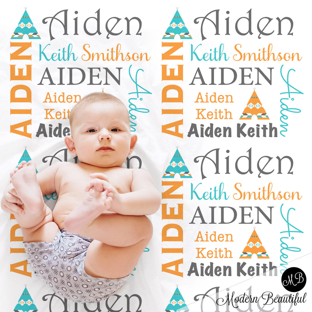 Boho teepee baby name blanket