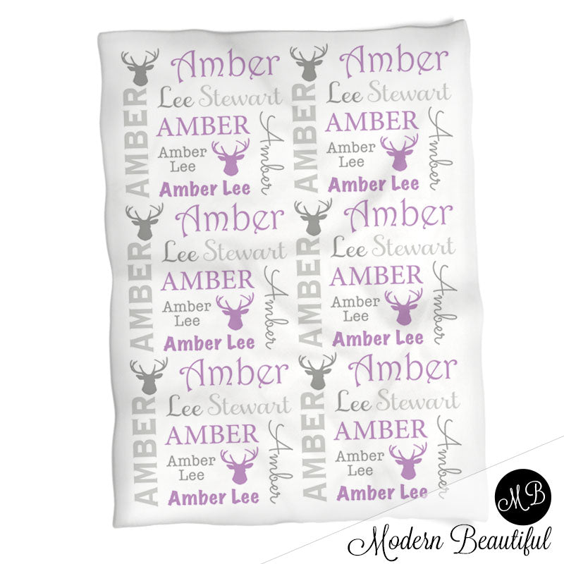 Baby girl deer antler name blanket in gray and purple, antler swaddling blanket, baby girl deer blanket, antler blanket, deer antler baby shower gift, (CHOOSE COLORS)