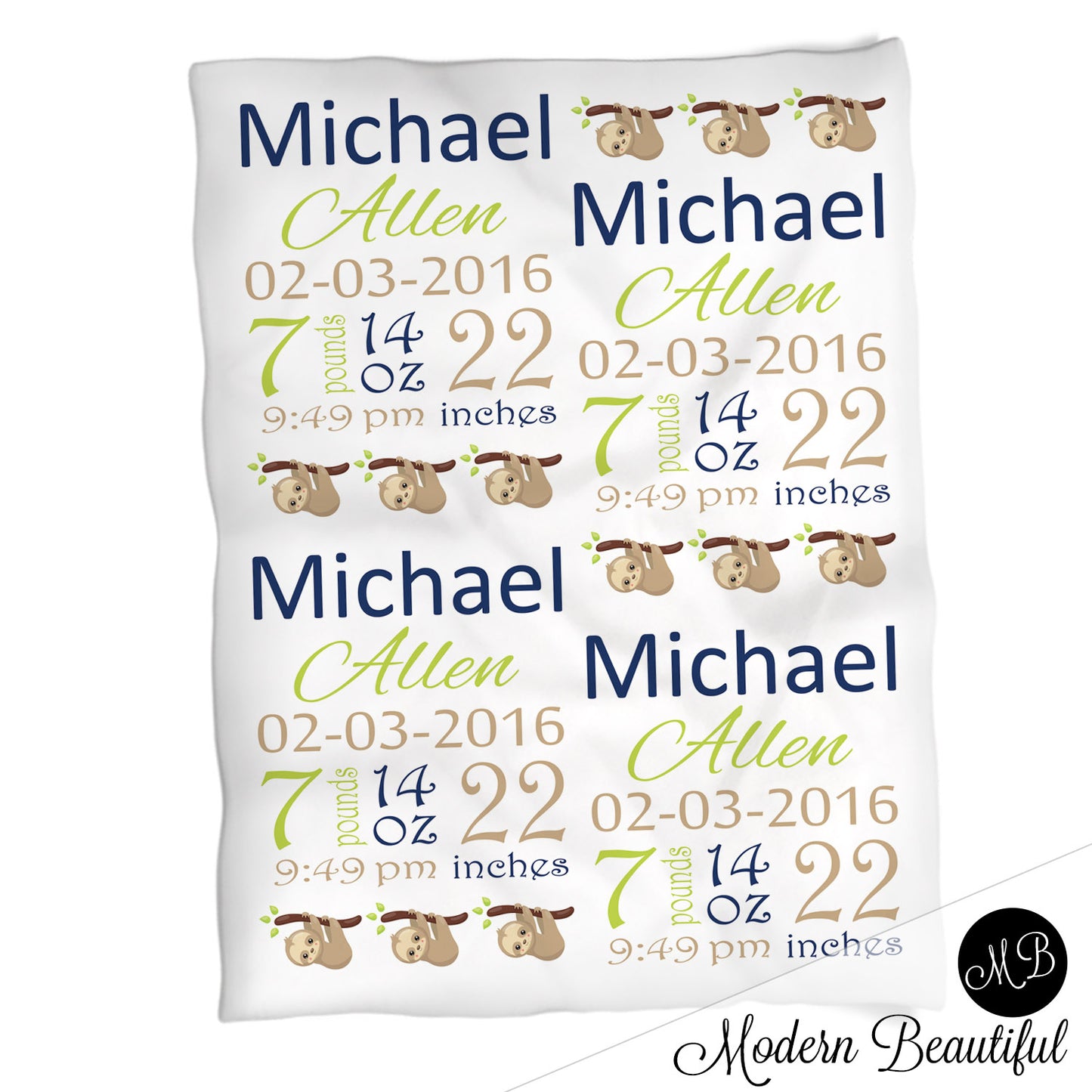 Sloth Baby Stats Blanket Boy