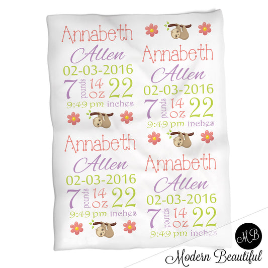 Personalized Sloth Flowers Baby Name Blanket Girl