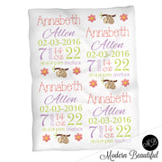Sloth baby girl stats blanket, green and pink, sloth girl baby blanket, personalized sloth bear baby blanket, baby stats blanket, boy or girl stats swaddle blanket, baby shower gift, choose colors