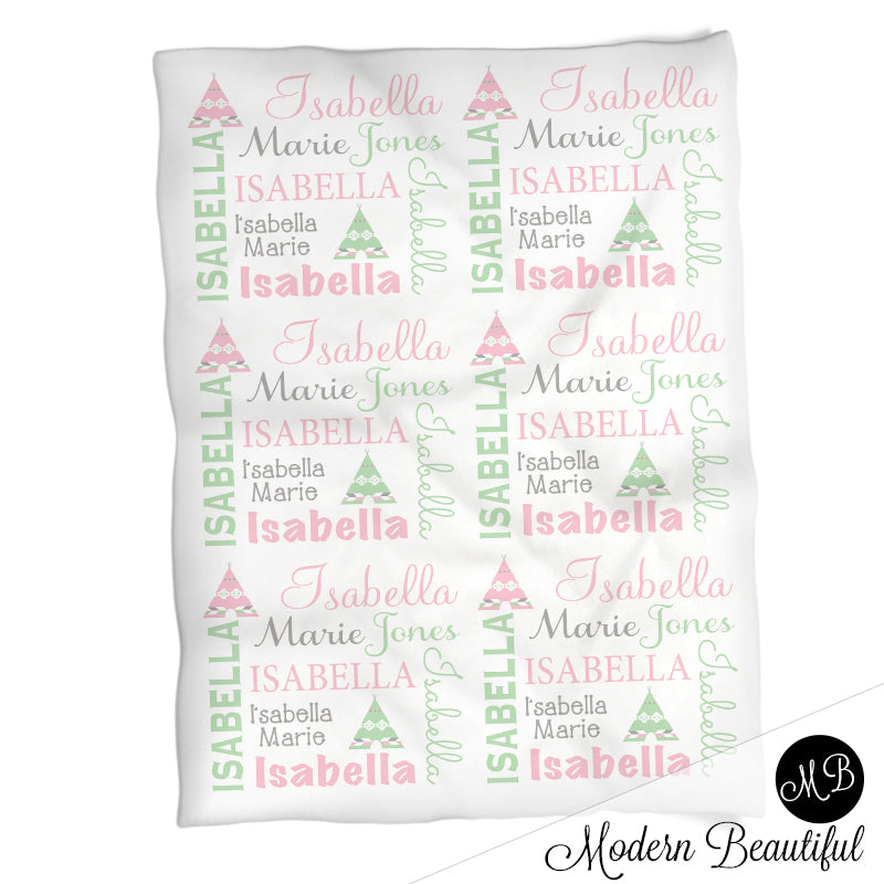 Personalized Teepee Baby Name Blanket Pink
