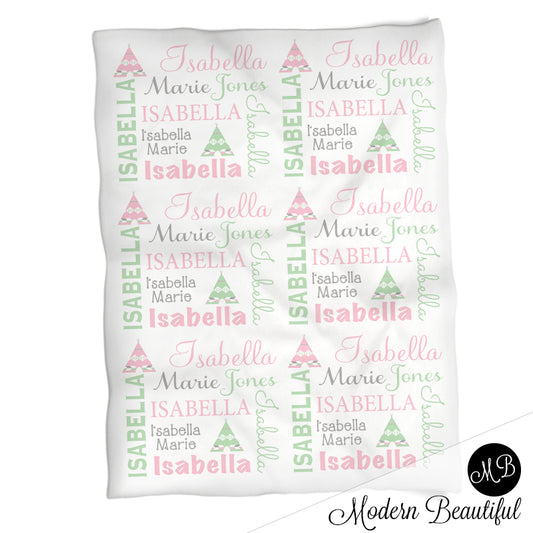 Personalized Teepee Baby Name Blanket Pink