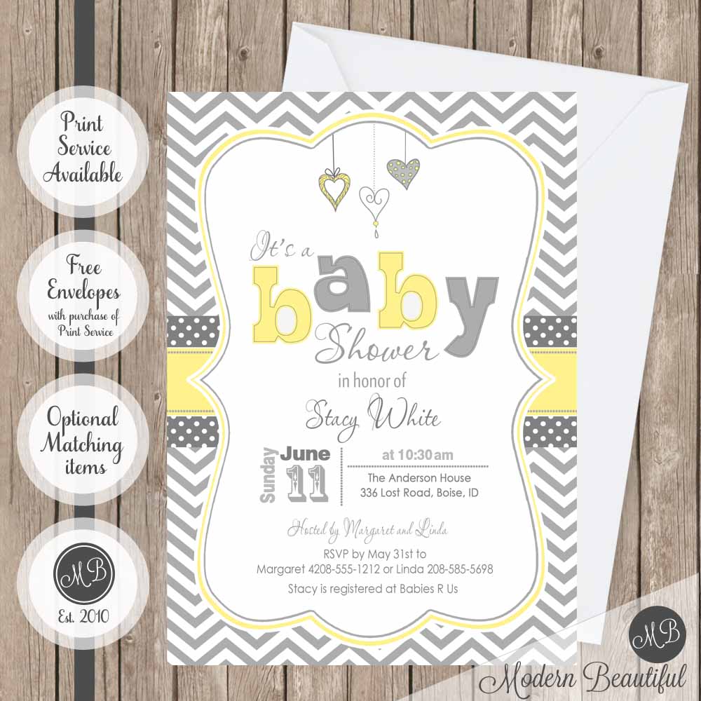 Yellow and gray hearts baby shower invitation, gender neutral baby shower invitation, heart baby shower invitation, boy or girl baby shower invitation