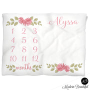 Baby girl floral name baby blanket, floral monthly milestone blanket, flower personalized growth baby gifts, personalized photo prop blanket - choose your colors
