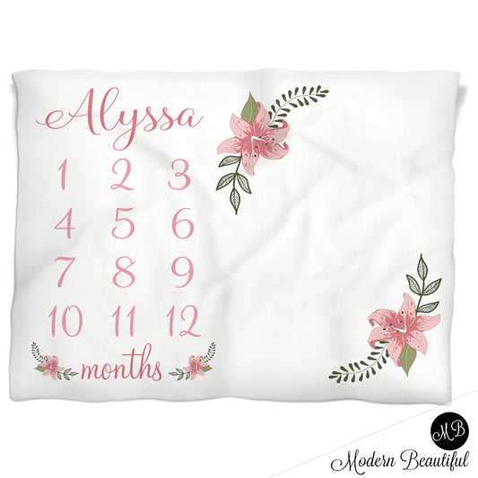 Pink Flowers Milestone Baby Blanket Personalized Baby Growth Photo Blanket