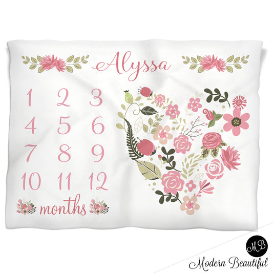 Flowers Heart Pink Milestone Baby Blanket Personalized Baby Growth Photo Blanket