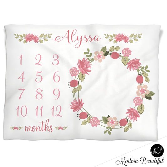 Pink Flowers Milestone Baby Blanket Personalized Baby Growth Photo Blanket