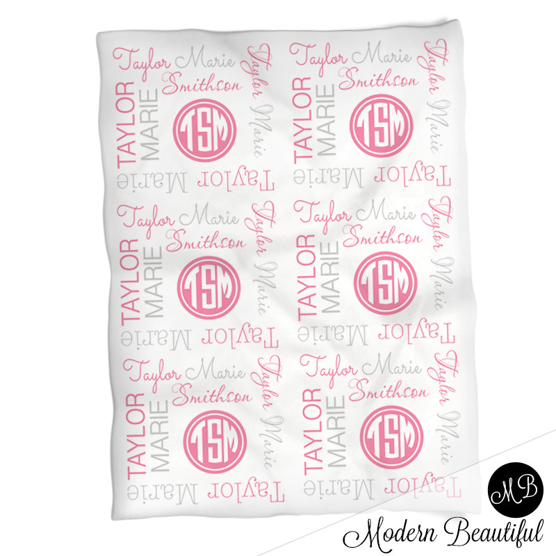 Personalized Monogram Girl Baby Name Blanket Pink