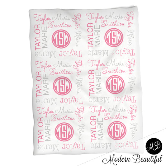 Personalized Monogram Girl Baby Name Blanket Pink