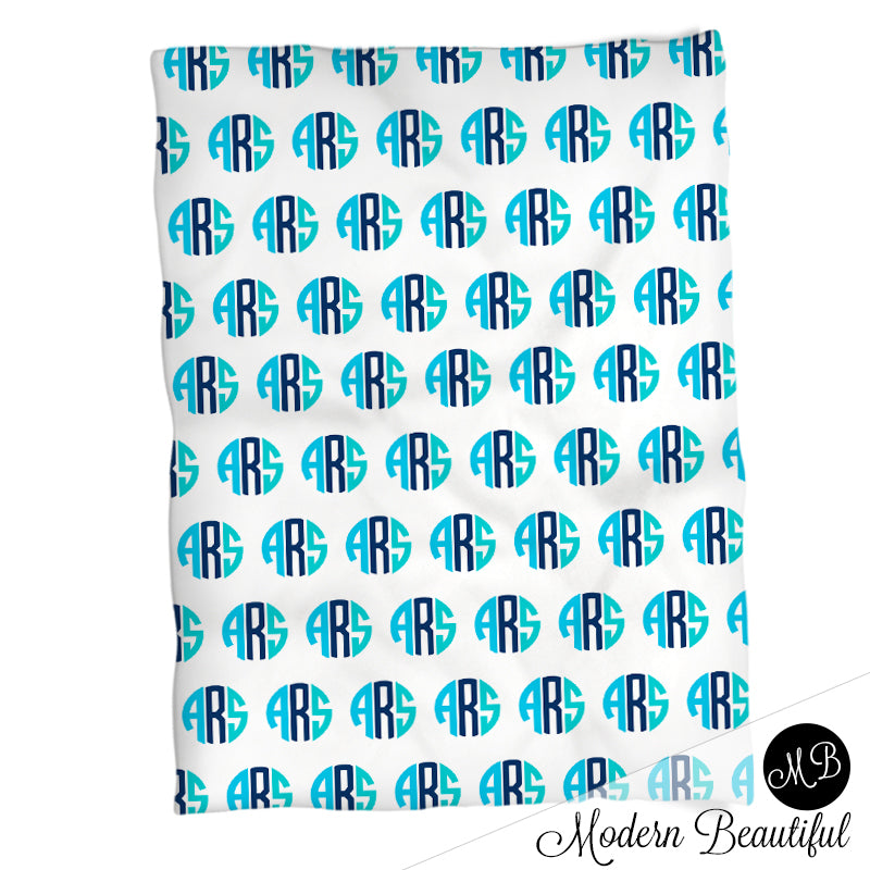 Monogram baby name blanket, aqua and navy, monogram baby blanket, baby swaddling blankets, baby girl or boy, baby name blanket, baby shower gift, (CHOOSE COLORS)