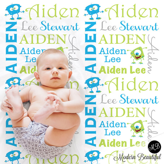 Personalized Monsters Baby Name Blanket Boy Blue and Green