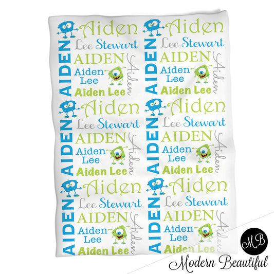 Personalized Monsters Baby Name Blanket Boy Blue and Green
