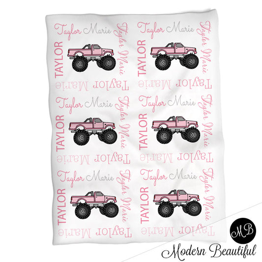 Personalized Monster Truck Baby Name Blanket Pink