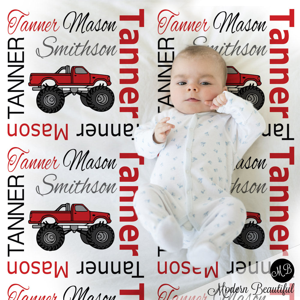 Monster truck baby name blanket