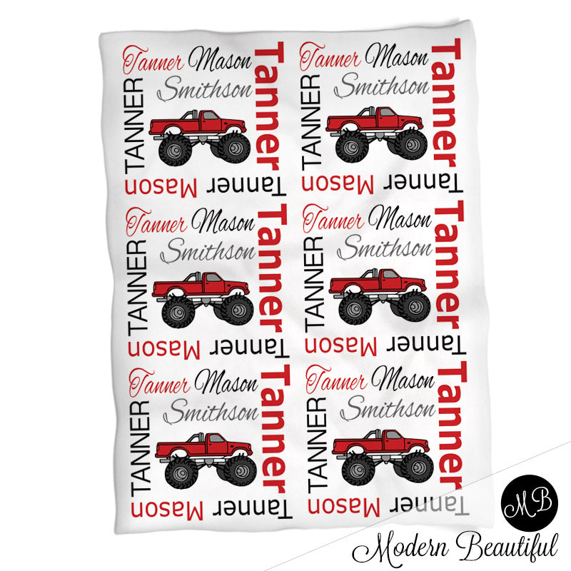 Personalized Monster Truck Baby Name Blanket Boy