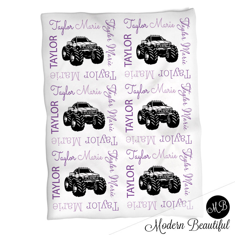 Baby girl monster truck name blanket, purple and black truck swaddling blankets, baby girl monster truck theme blanket, monster truck baby shower gift, (CHOOSE COLORS)