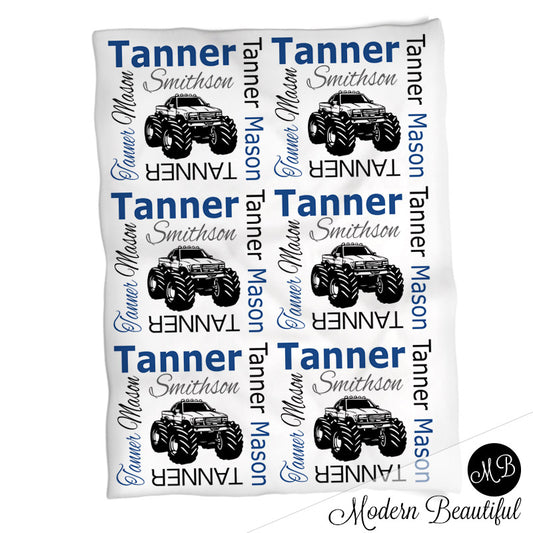 Personalized Monster Truck Baby Name Blanket Boy Blue