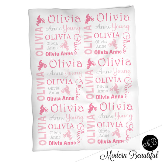 Personalized Motocross Baby Name Blanket Girl